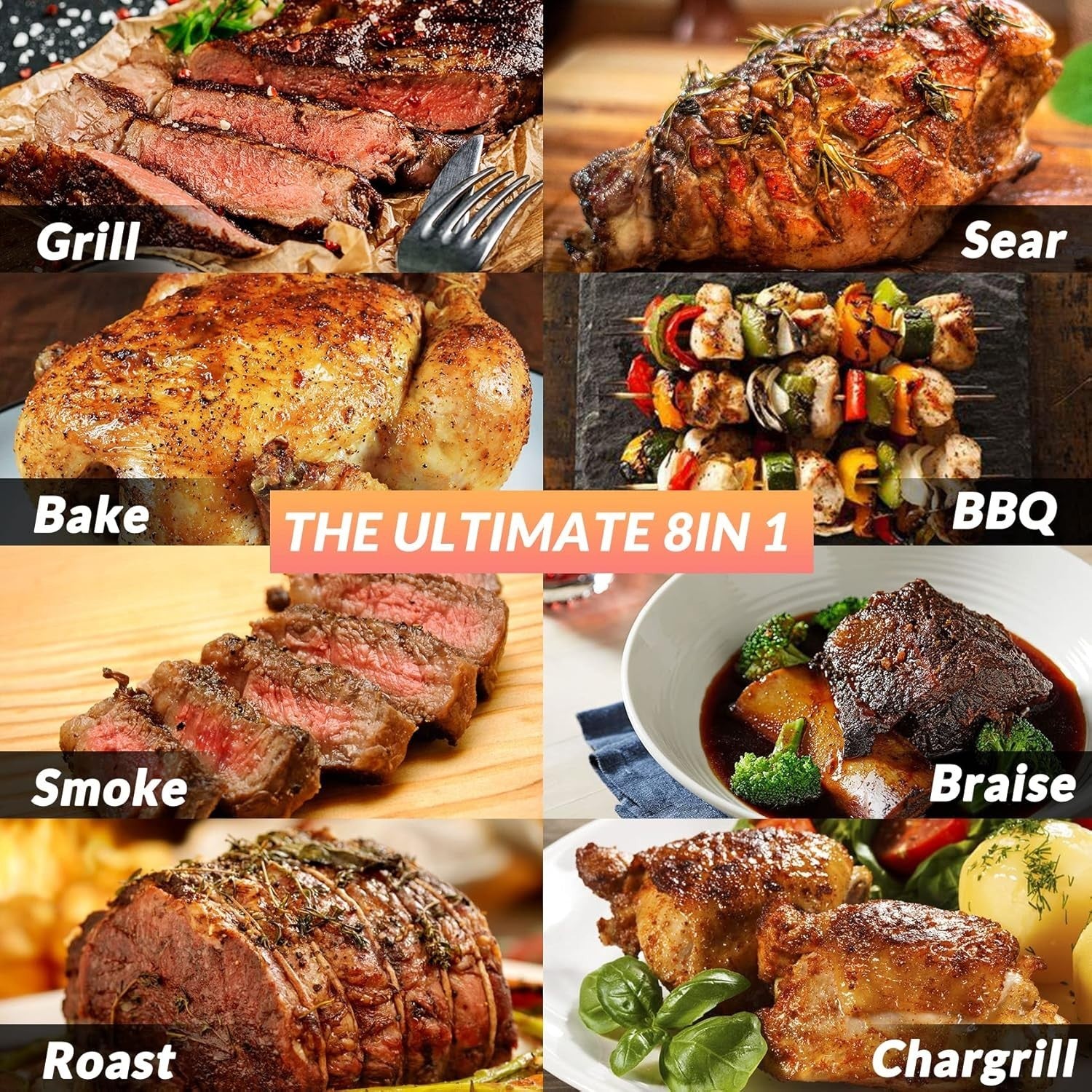Portable Pellet Smoker BBQ Grill Tabletop 8-in-1 Outdoor Cooker