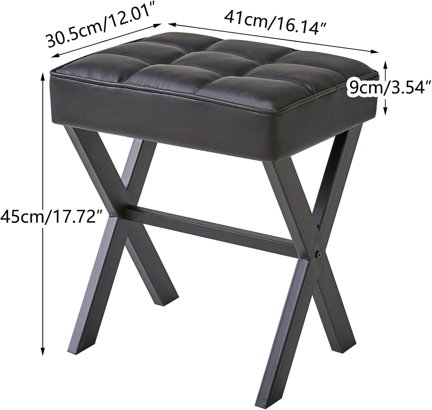 Black PU Square Makeup Stool with X-Leg Base – Vanity Footrest Ottoman