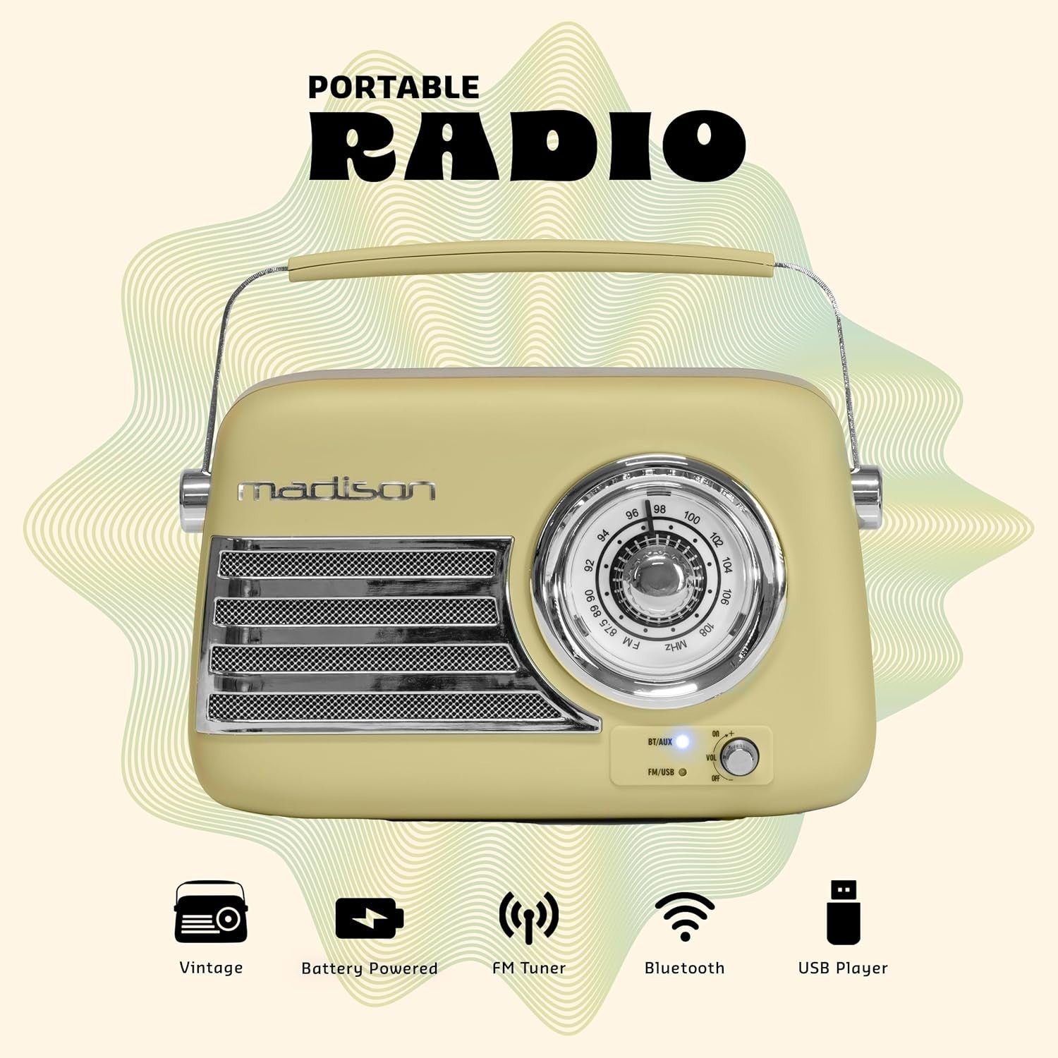 Vintage FM Radio 30W Bluetooth USB AUX Long Battery Retro Olive Green