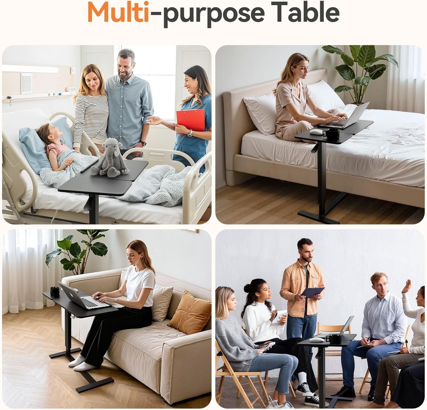 Overbed Laptop Table Height Adjustable Rolling Desk 45° Tilt Top 80x40cm
