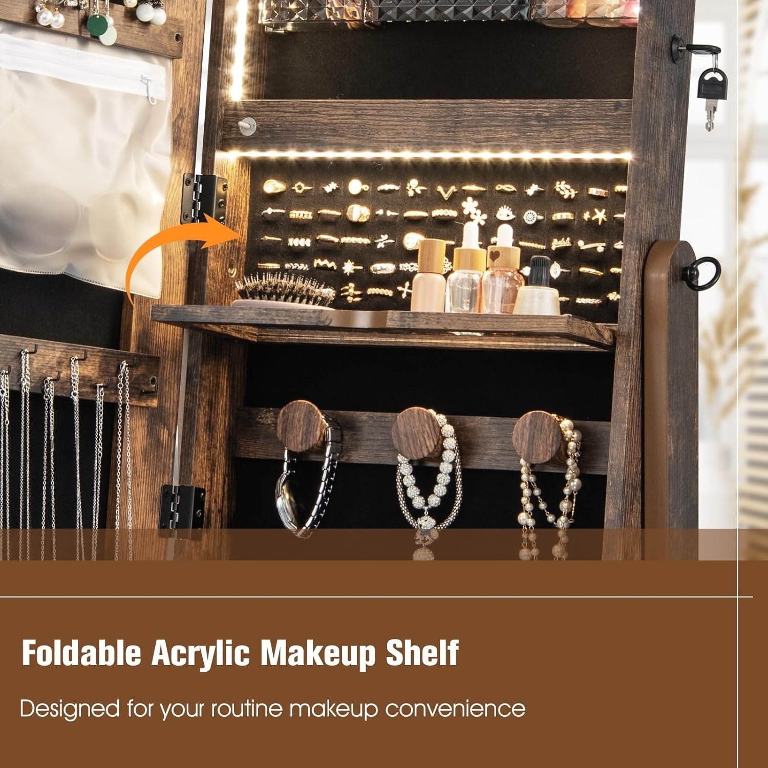 Coffee LED Jewellery Cabinet Lockable Full Length Mirror Mobile