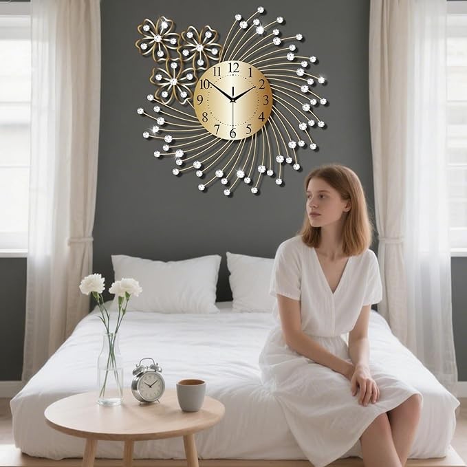 Large 50cm Gold Crystal Wall Clock Silent Modern Luxury Metal Round Home Decor