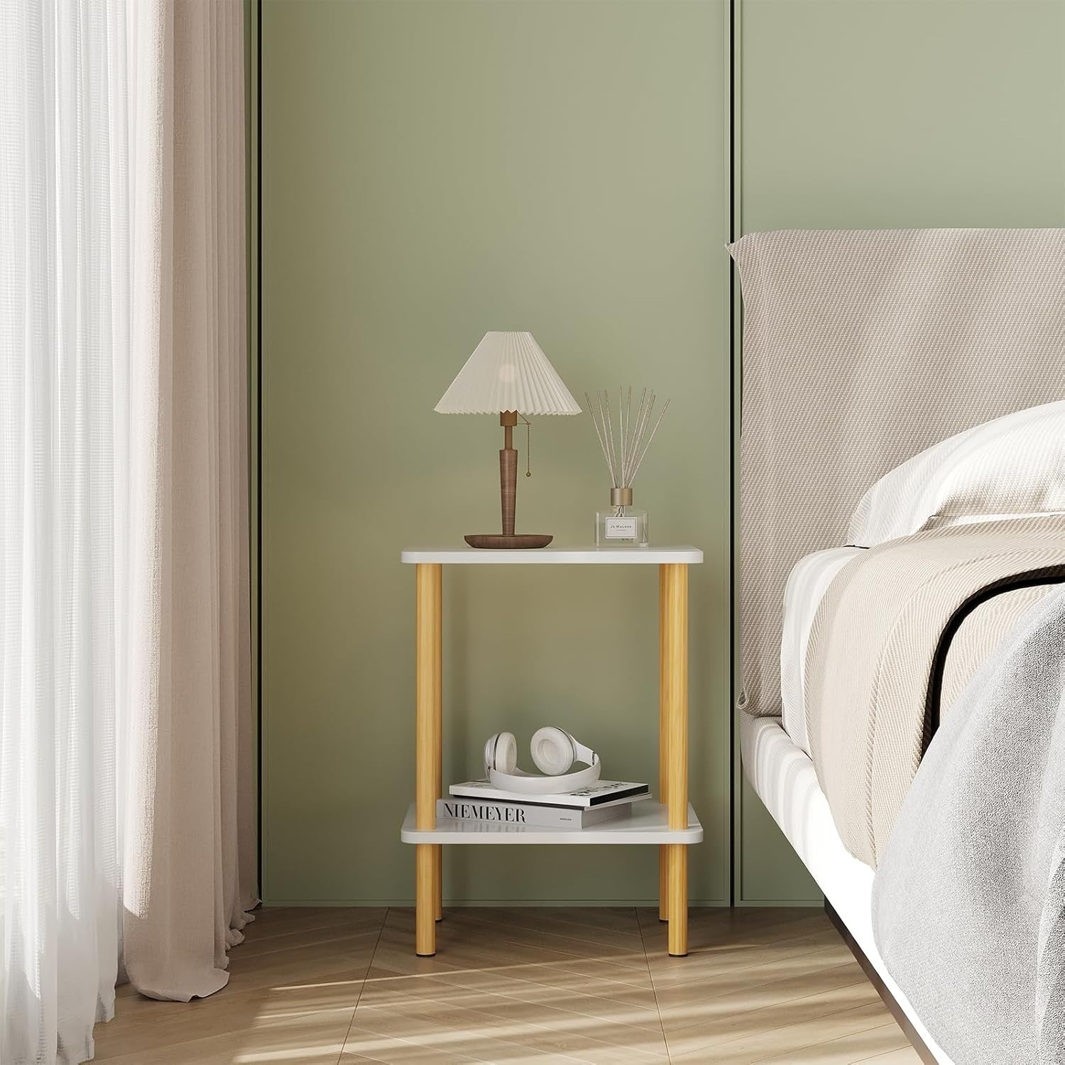 White & Oak Narrow Bedside Table – 2-Tier Side Table with Shelf, No-Tool Setup