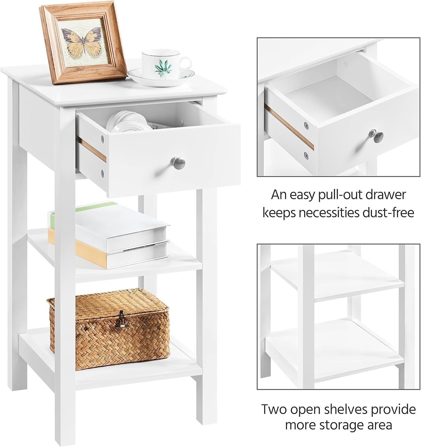 Set of 2 White Narrow Bedside Tables with Drawer & 2 Shelves | Slim Wooden