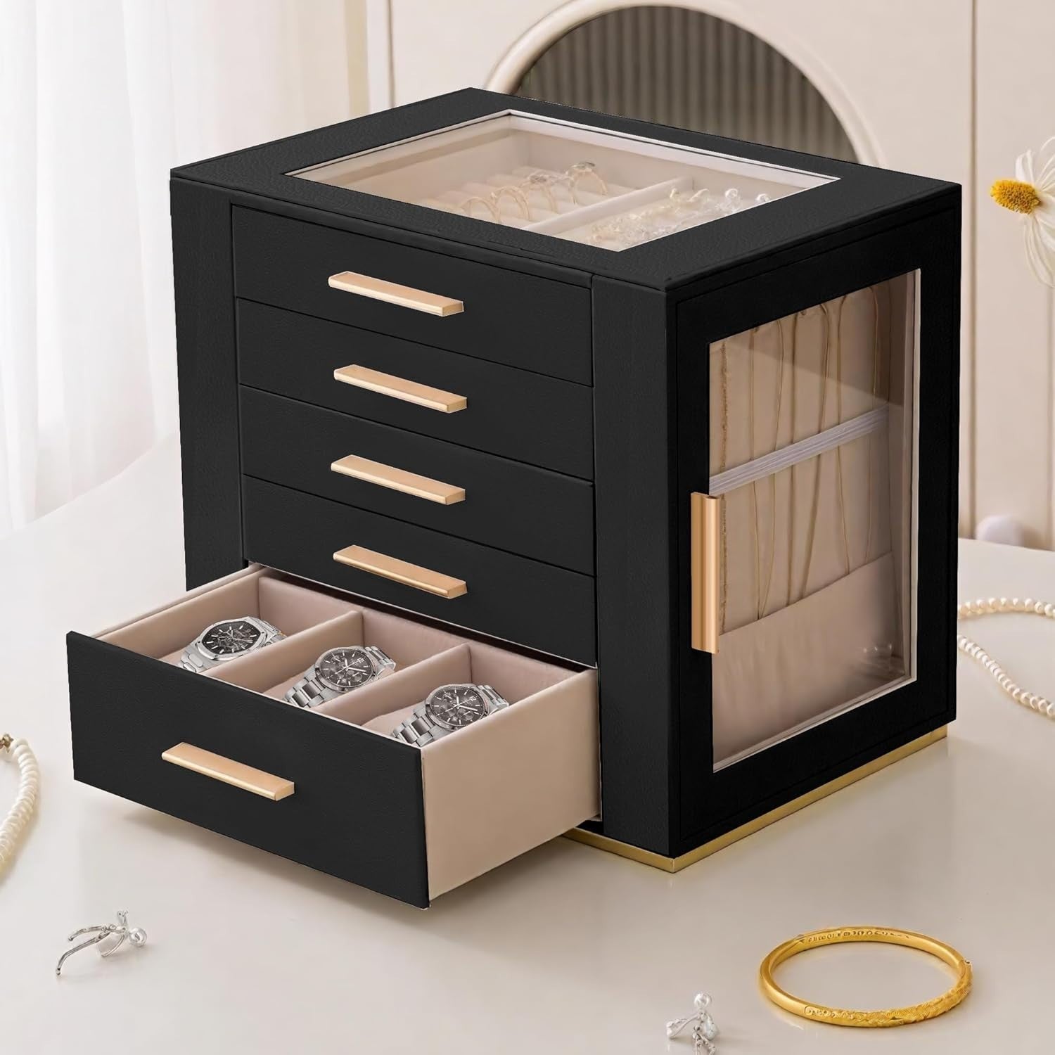 Black PU Leather Jewellery Organizer Box 5 Layer Drawer Storage Case