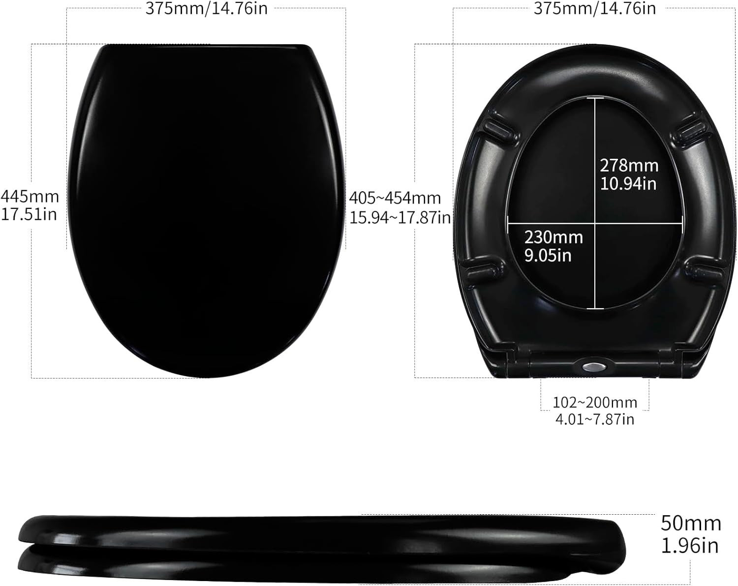 Black Duroplast Toilet Seat Soft Close Quick Release Top Fix 45x37cm
