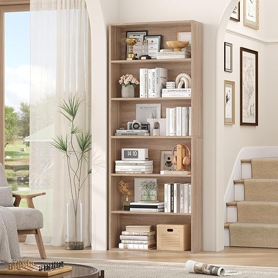 Oak 6-Tier Tall Bookshelf Freestanding Storage Unit Open Display Shelf