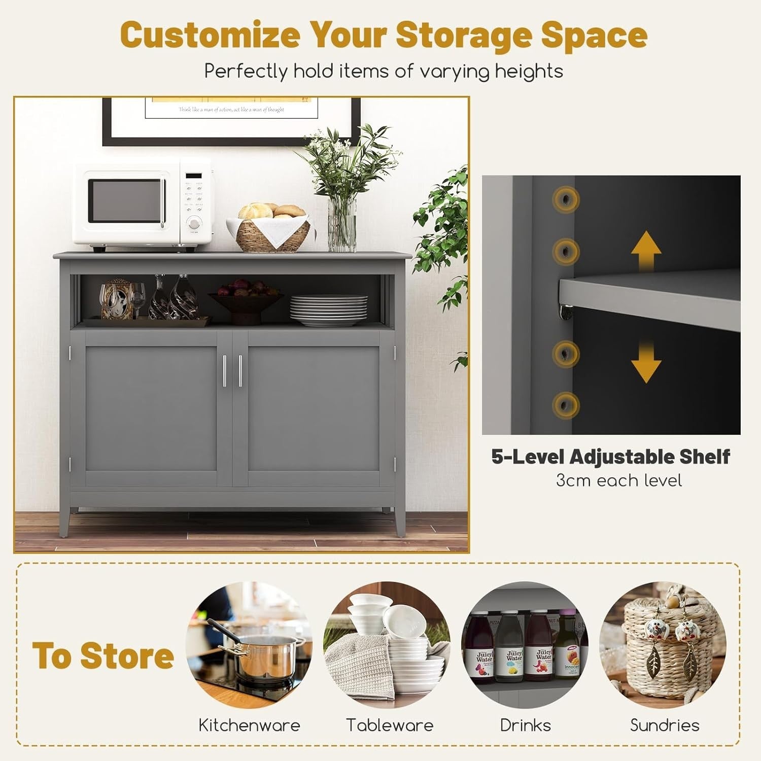 Grey Wooden Sideboard Cabinet Storage Unit with Doors & Adjustable Shelf