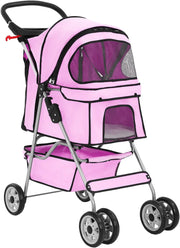 Pet Stroller Dog Cat Pushchair 4 Wheel Foldable Travel Carrier Mesh Pink