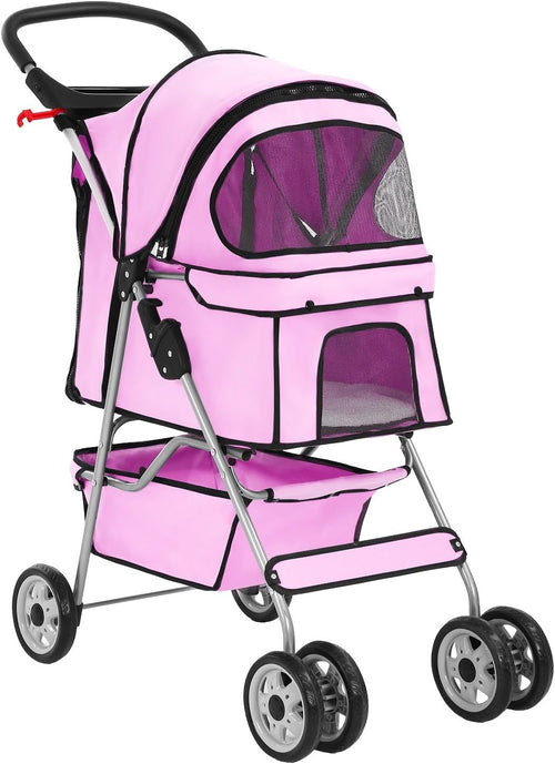 Pet Stroller Dog Cat Pushchair 4 Wheel Foldable Travel Carrier Mesh Pink