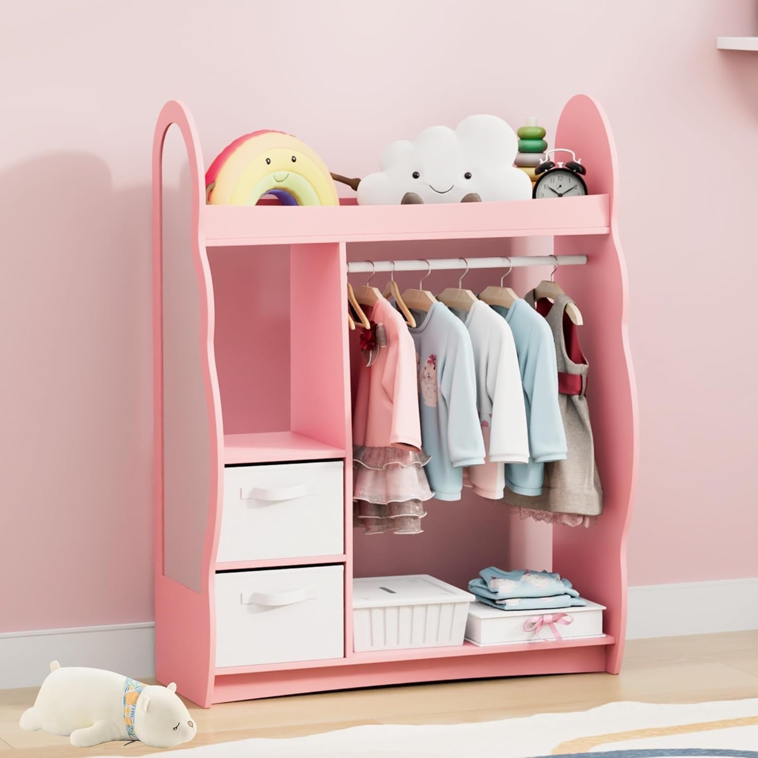 Kids Wardrobe with Mirror, Hanging Rail & 2 Drawers, Pink Cloud Design
