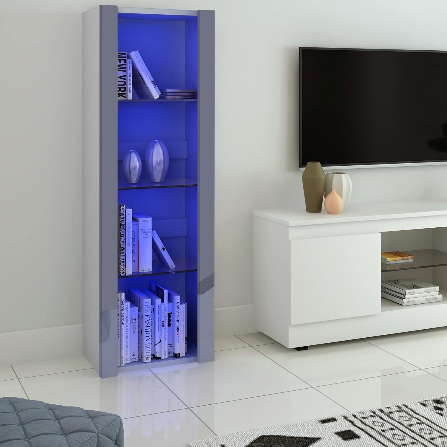 Tall LED Display Cabinet White Grey Gloss Glass Shelf Storage Unit 165cm