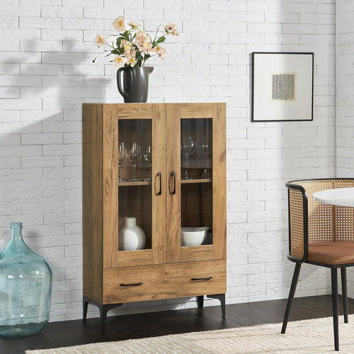 115cm Oak Display Cabinet | 2 Glass Doors & 1 Drawer