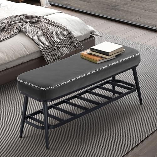 Charcoal Grey PU Leather Shoe Storage Bench with Cushion Seat & Metal Frame