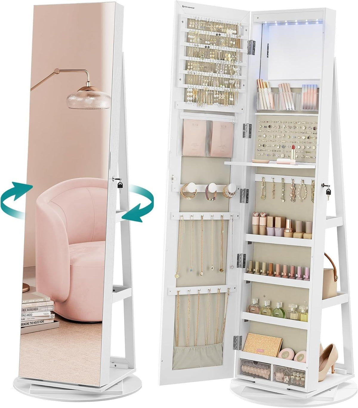 White Swivel LED Jewellery Mirror Cabinet Lockable Full Length Storage