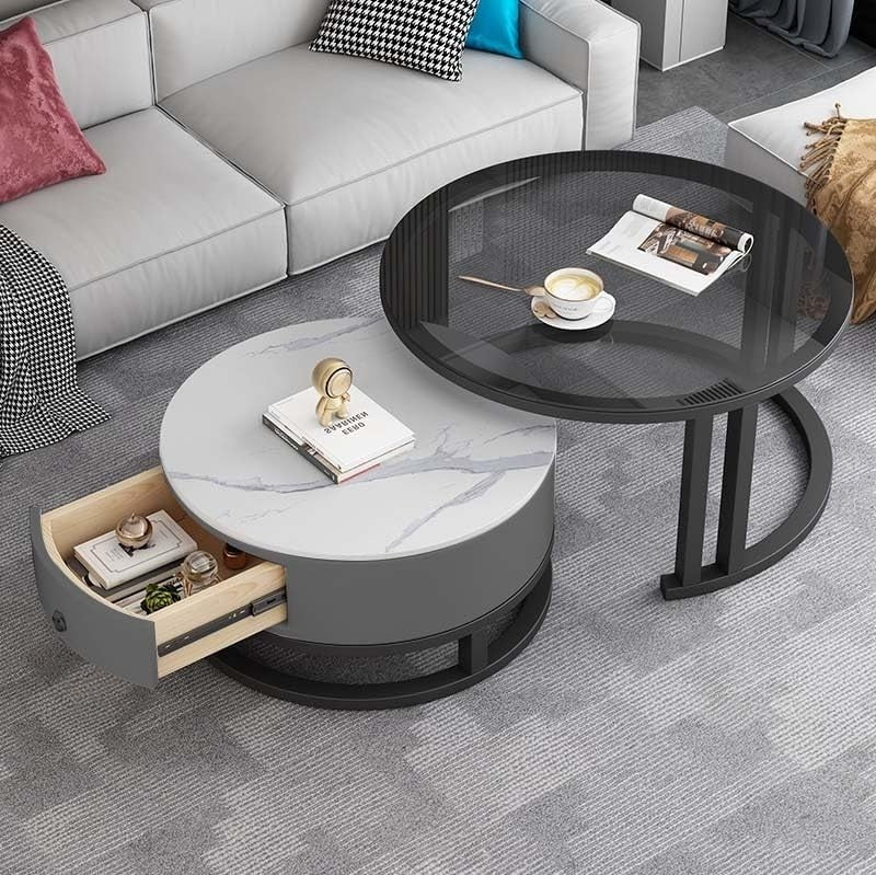 Nesting Coffee Table Set of 2 – Round Storage Tables with Metal Frame