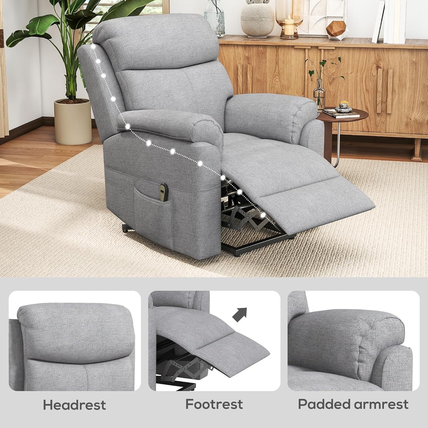 Power Lift Recliner Chair Massage Heat Electric Riser Armchair Linen Grey