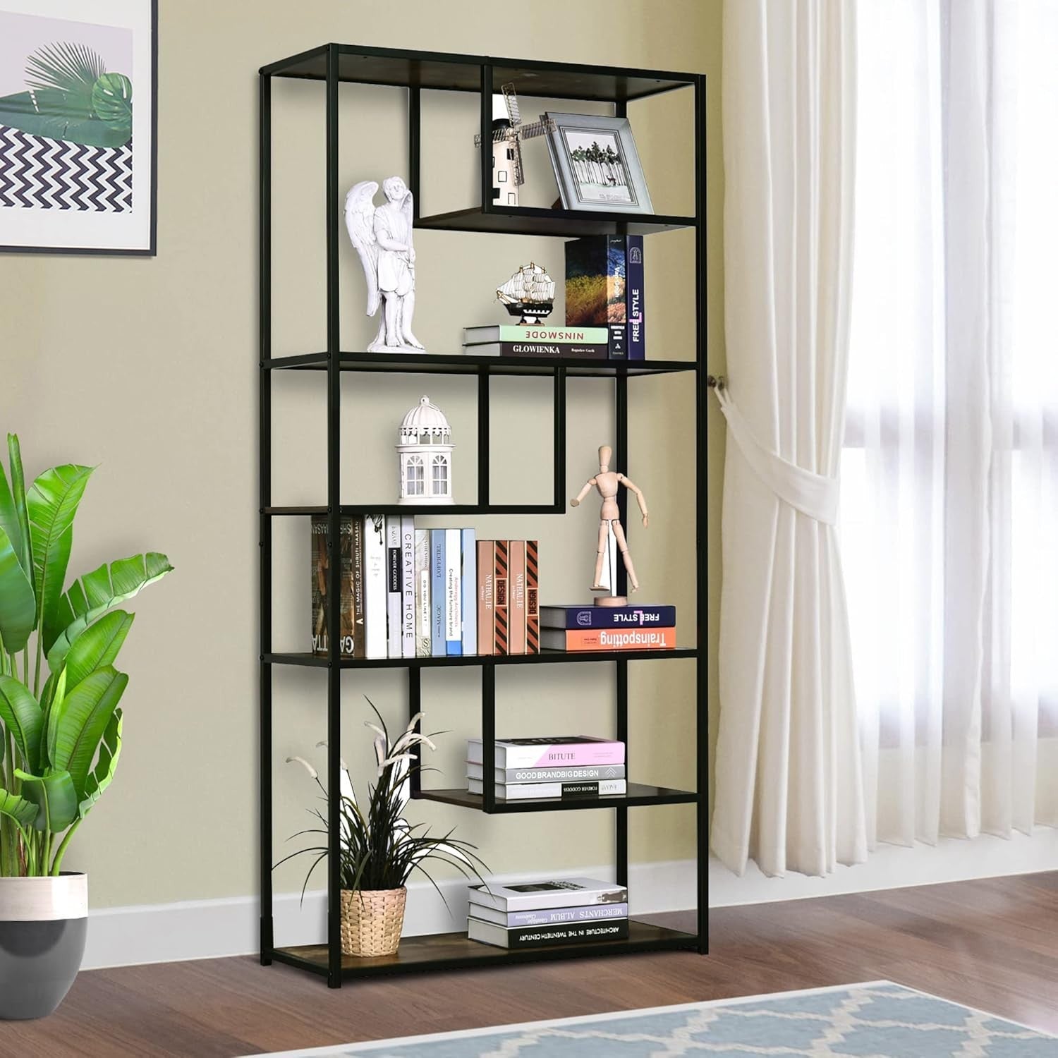 Industrial 6-Tier Bookcase Rustic Brown & Black Tall Metal Frame Display Shelf