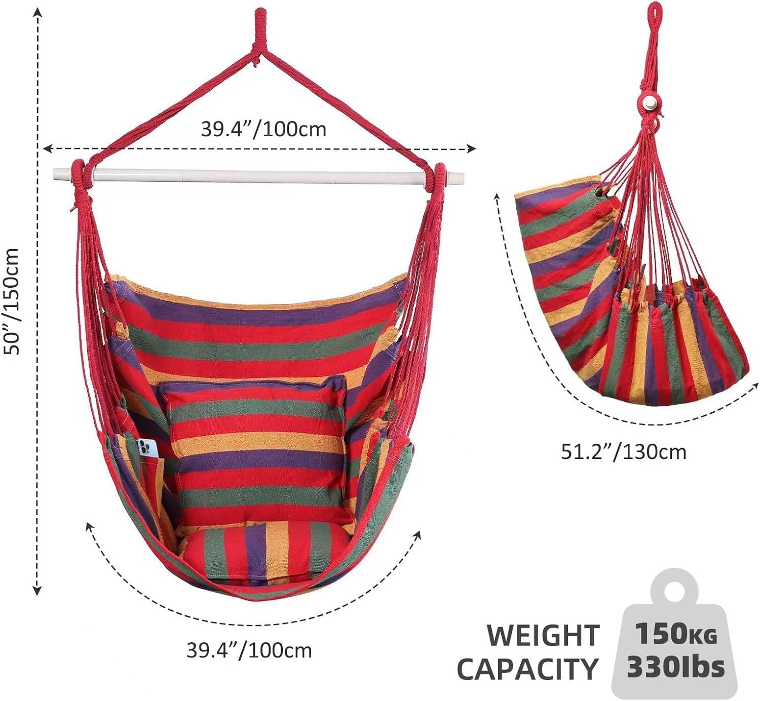 Hammock Swing Chair w/ Cushions & Support Bar, Portable Cotton Seat 150kg