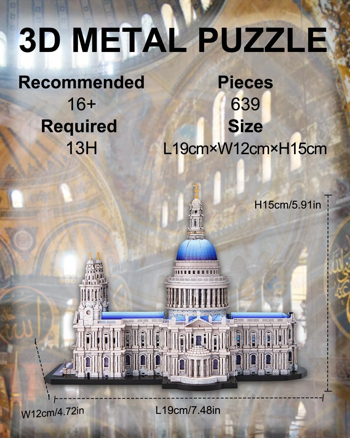 3D Metal Puzzle Cathedral Model Kit for Adults, DIY Gift, 22.5cm Long