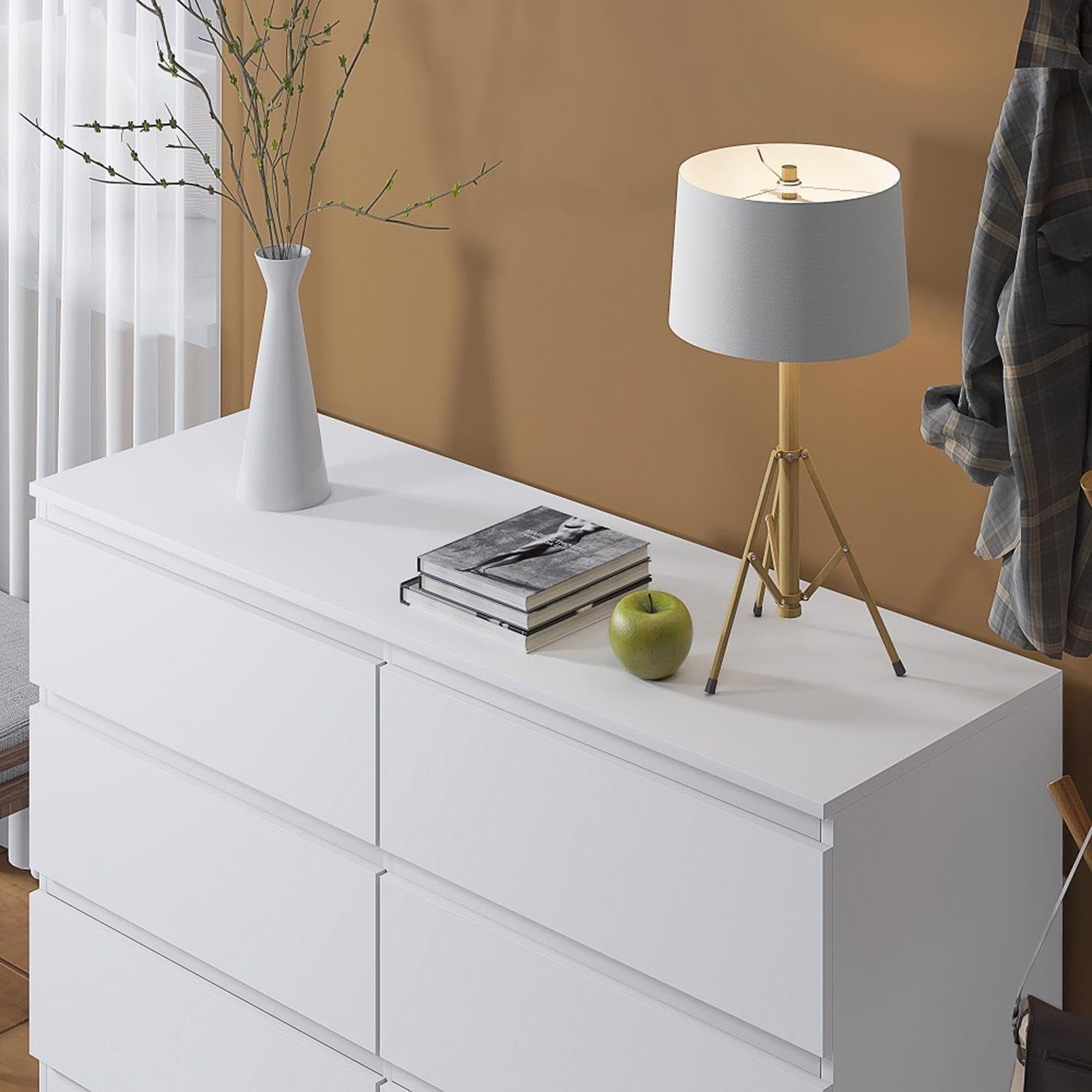 Modern White 6 Drawer Chest Wide Storage Unit for Bedroom TV Setup
