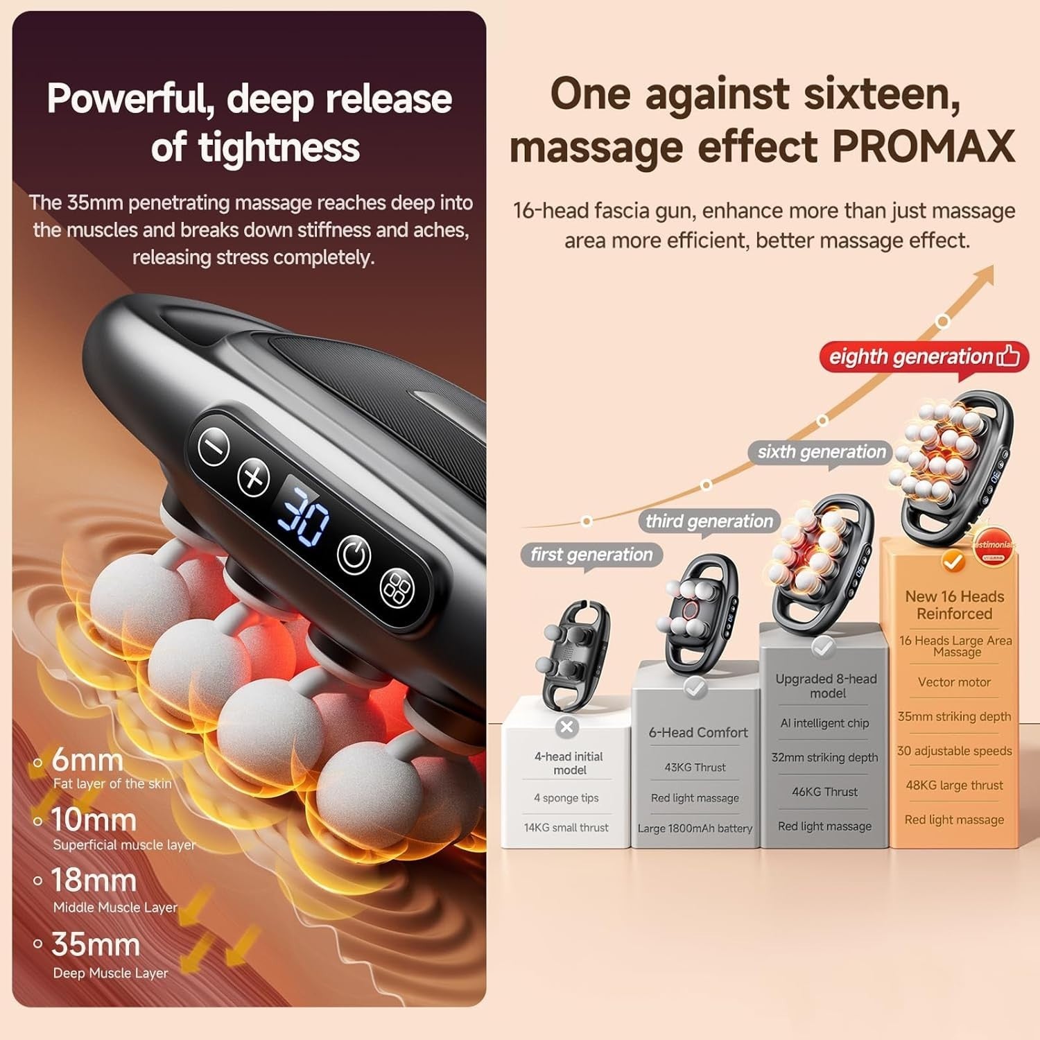 16 Head Deep Tissue Massage Gun 30 Speed Levels Full Body Muscle Relief