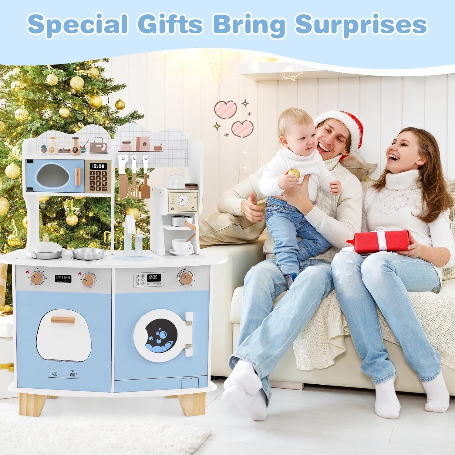 Kids Wooden Play Kitchen w/ Coffee Maker Microwave Blue Toy