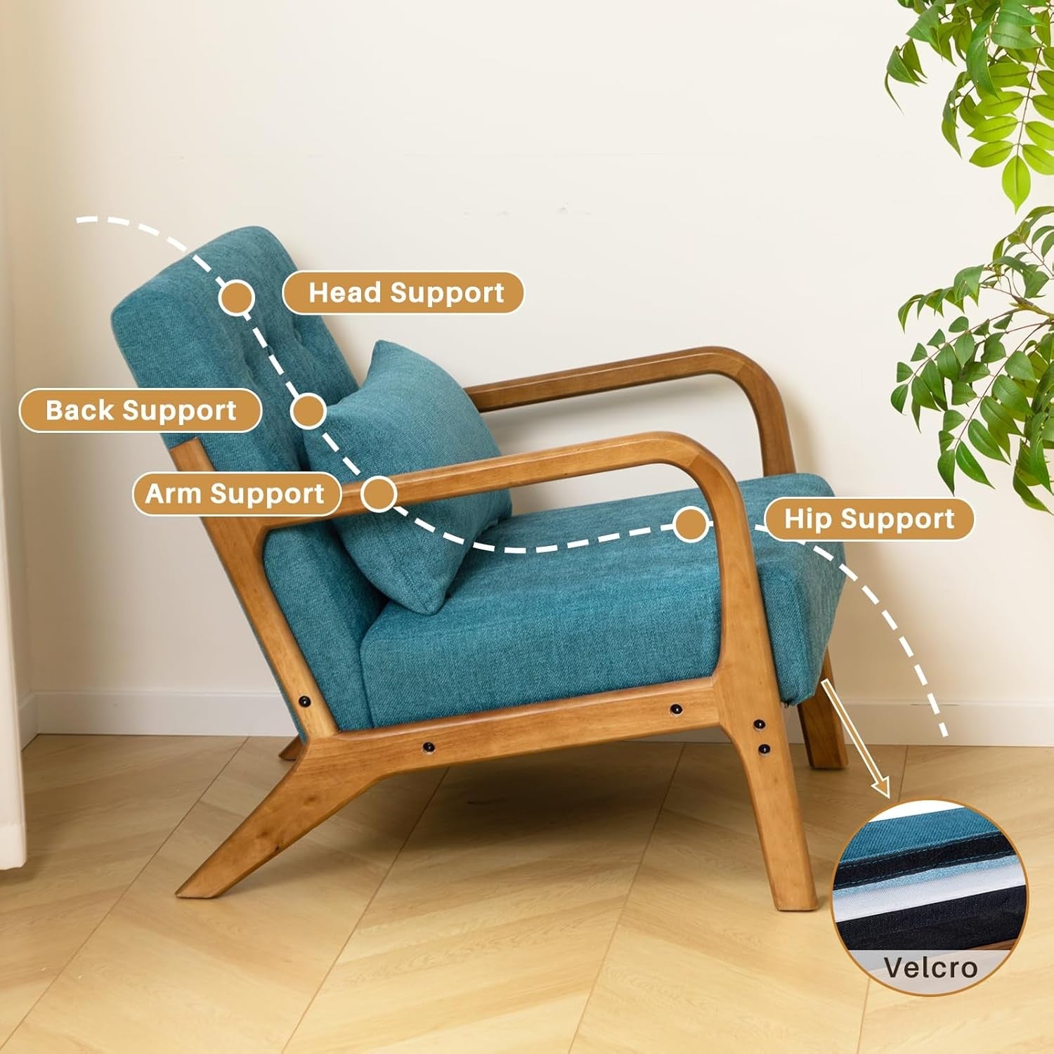 Teal Accent Armchair Wooden Frame Lounge Reading Chair Linen Seat