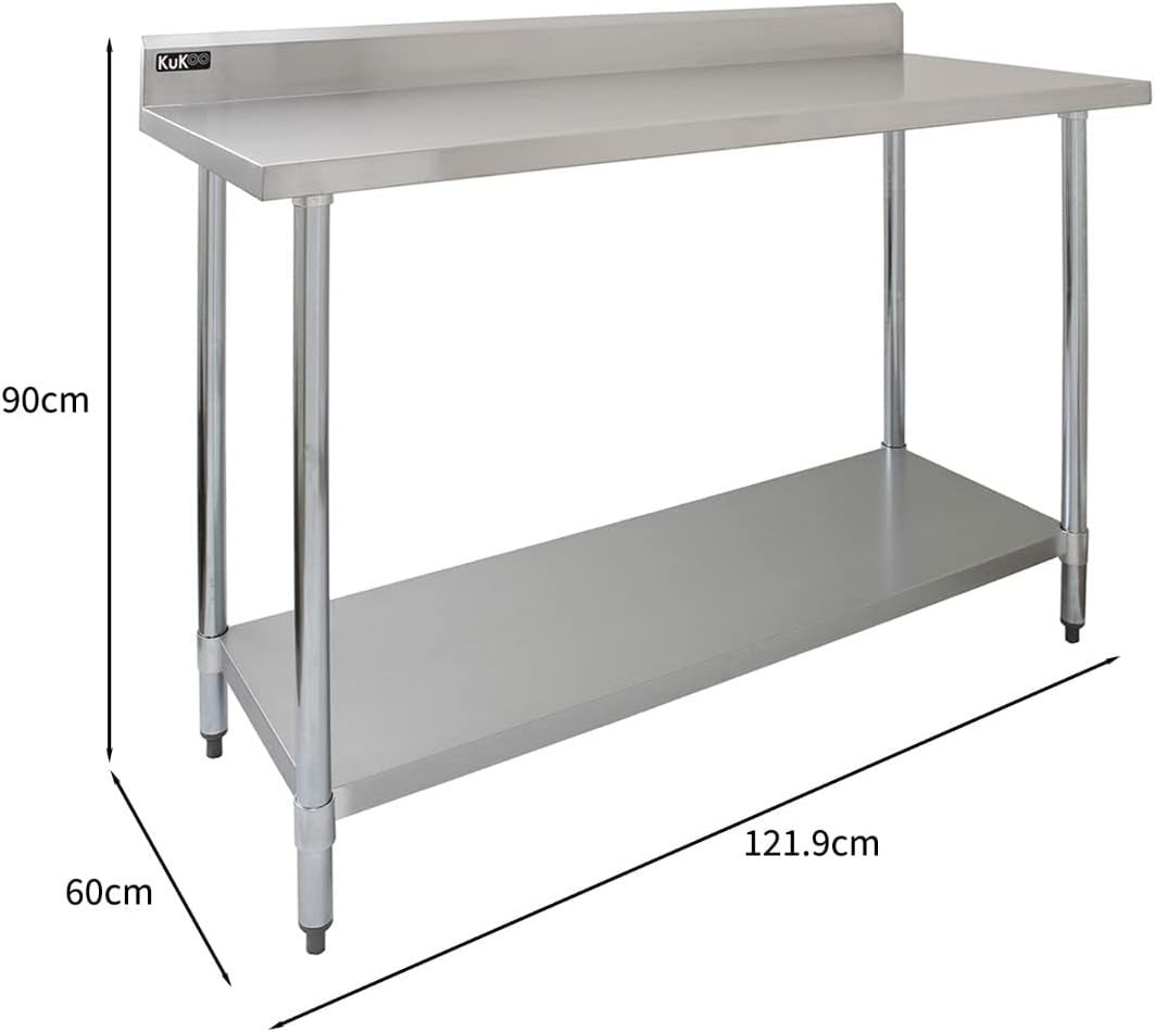 4FT Stainless Steel Catering Prep Table 250kg Bench Shelf Backsplash 120x60