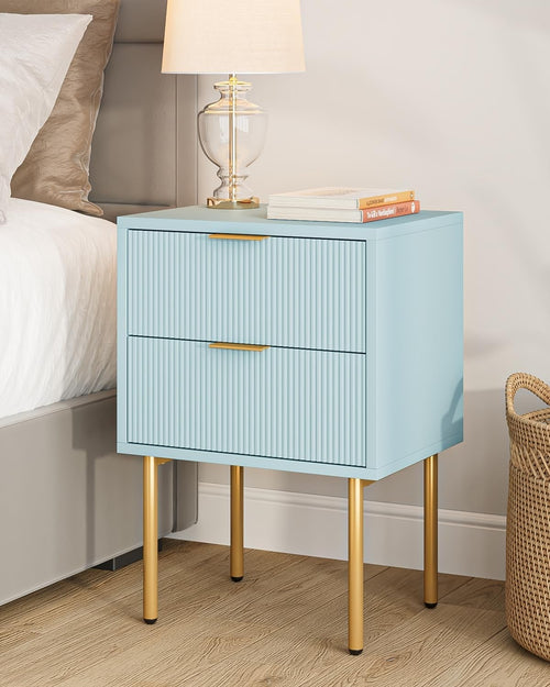 Blue Bedside Table with 2 Drawers & Gold Legs | Modern Nightstand