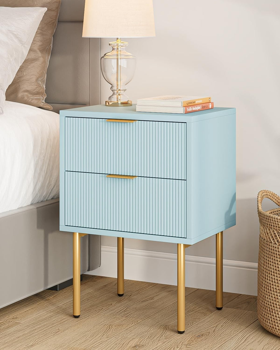 Blue Bedside Table with 2 Drawers & Gold Legs | Modern Nightstand