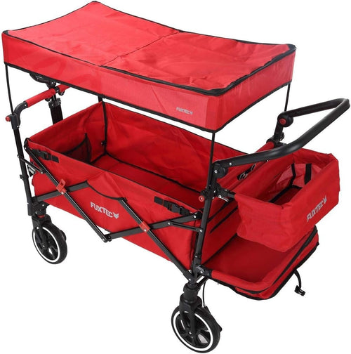 Red Folding Stroller Wagon Kids Push Pull Cart w/ Canopy & Safety Harness