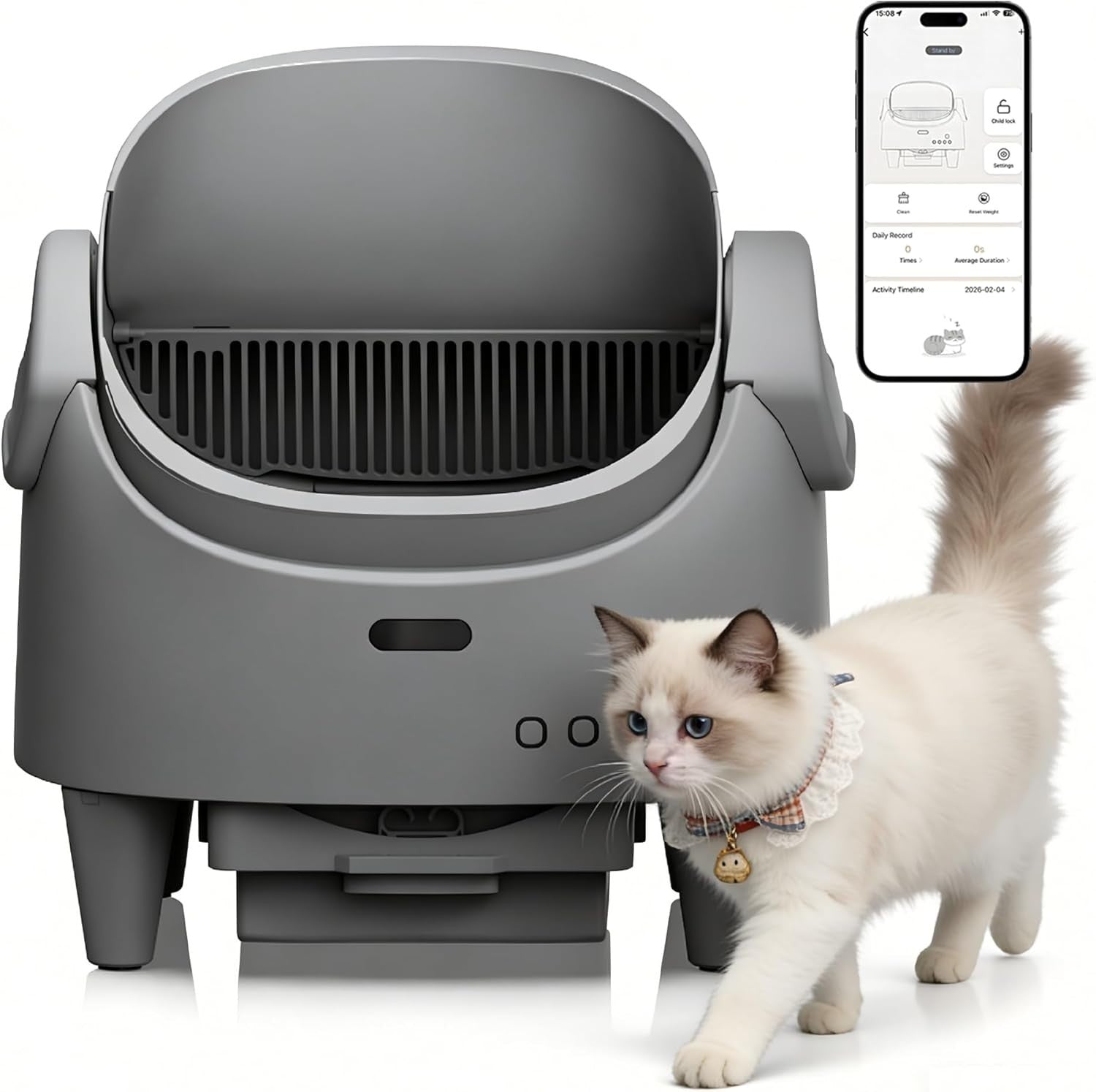 Self Cleaning Cat Litter Box APP Monitor Auto Open Top Grey XL