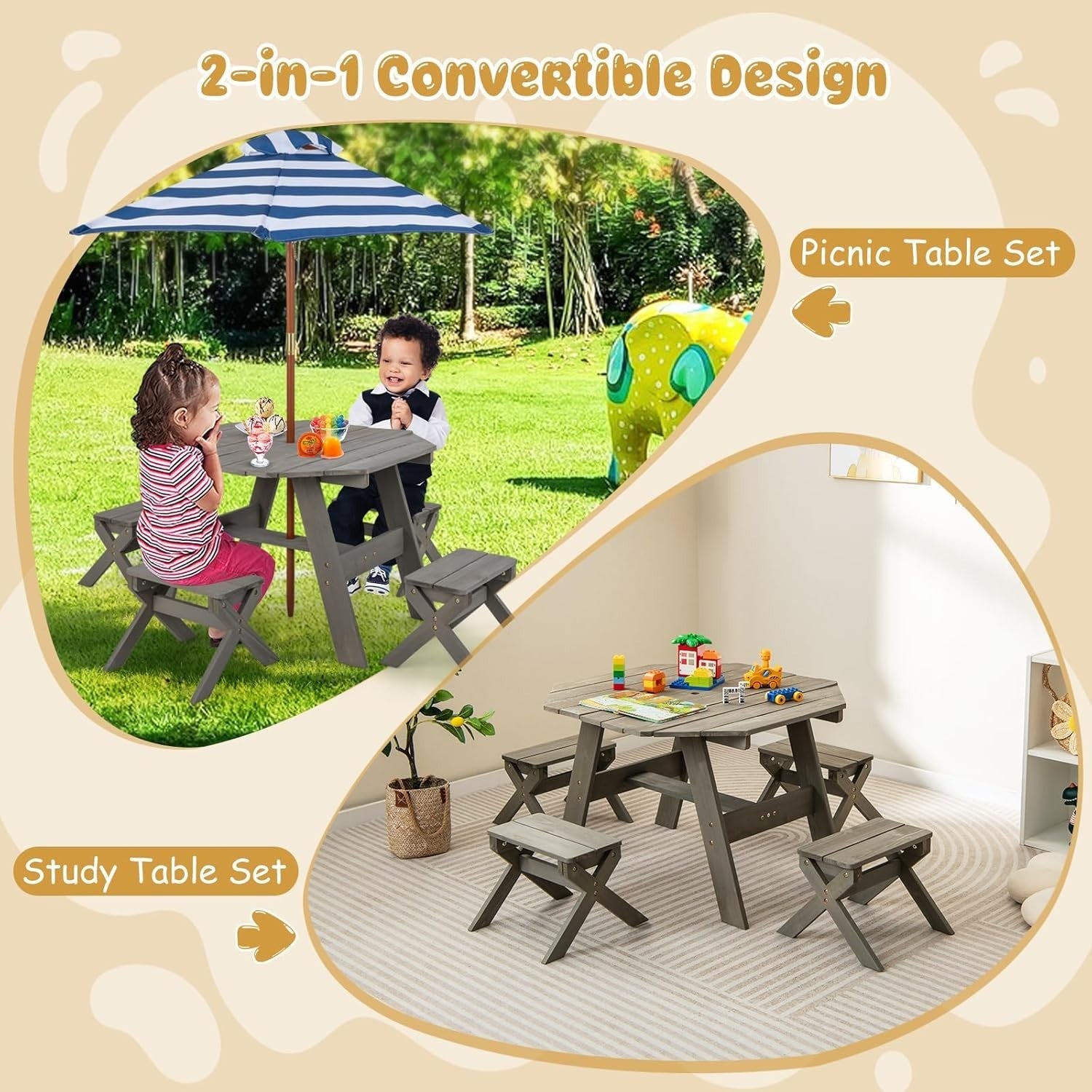 Kids Wooden Picnic Table Set w/ 4 Stools & Adjustable Umbrella Outdoor Indoor