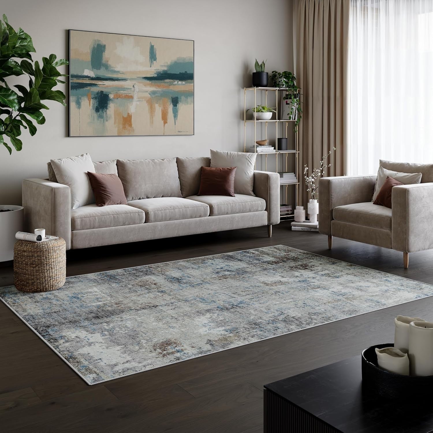 Washable Rug 200x290cm Non-Slip Vintage Blue Brown Soft Area Carpet Living Room