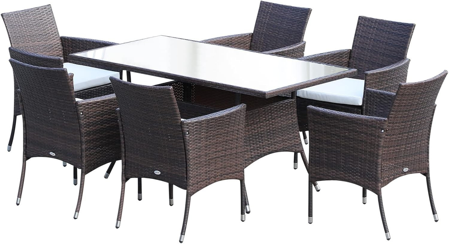 6 Seat Rattan Garden Dining Set w/ Cushions & Glass Table Patio Outdoor