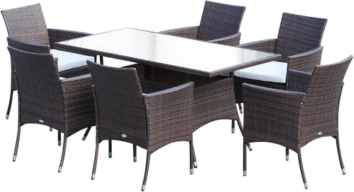 6 Seat Rattan Garden Dining Set w/ Cushions & Glass Table Patio Outdoor