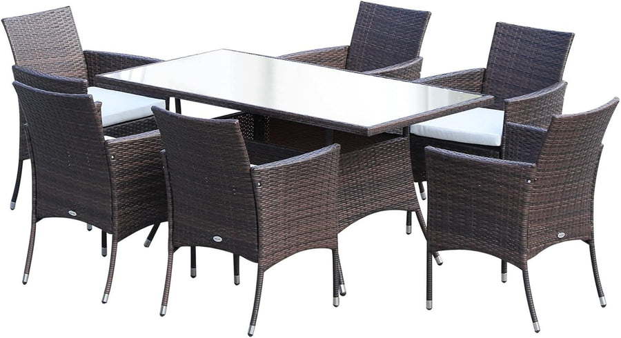 6 Seat Rattan Garden Dining Set w/ Cushions & Glass Table Patio Outdoor