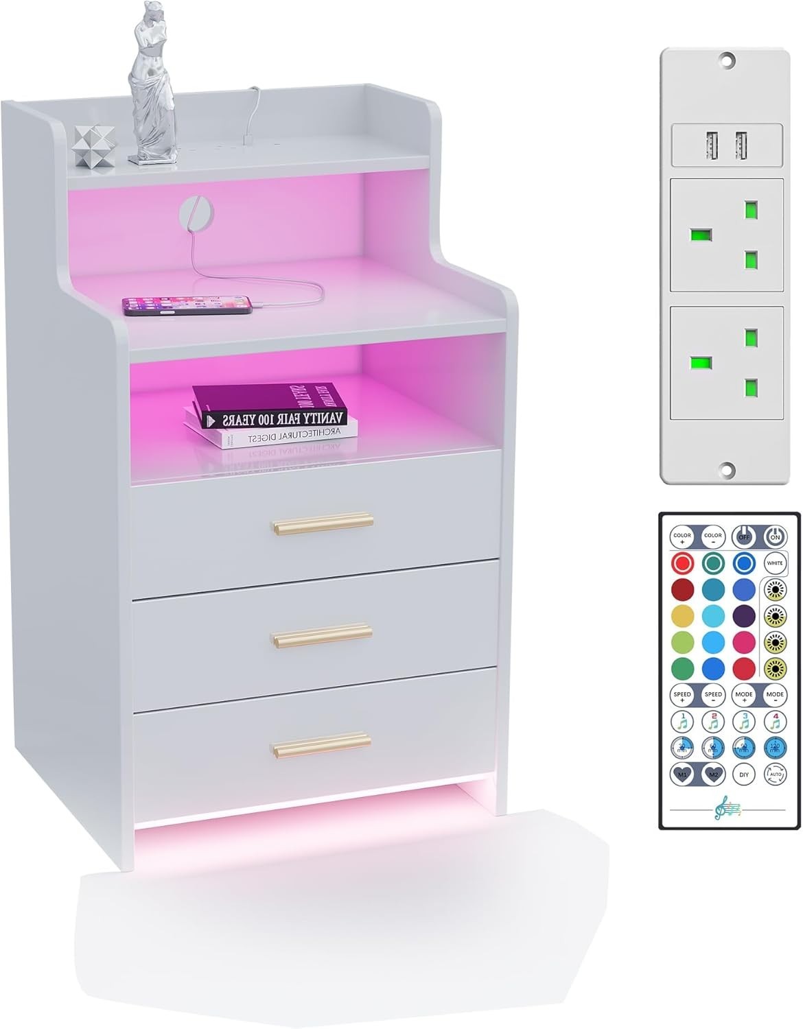Modern LED Bedside Table with USB Charging, 3 Drawers + Shelf