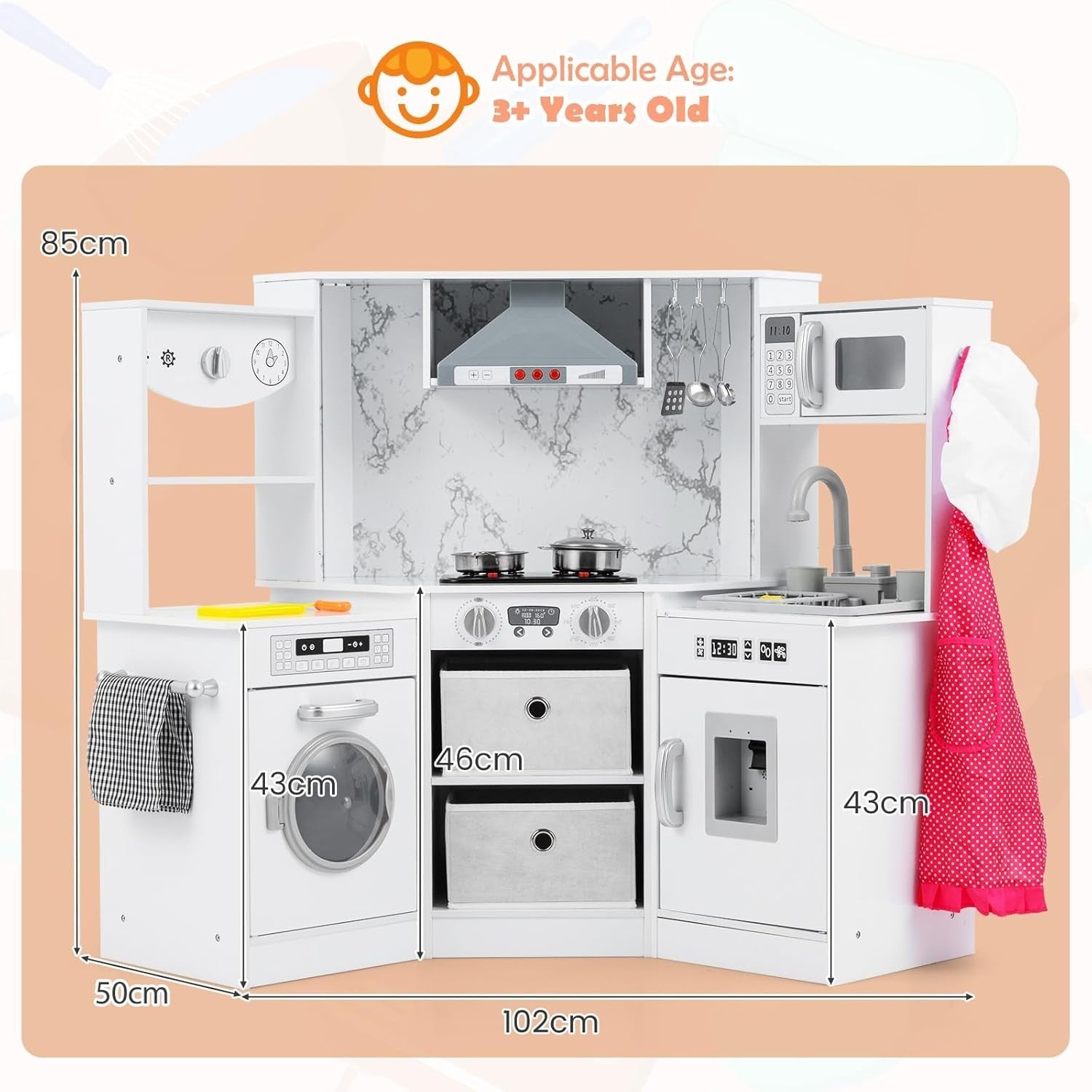 Corner Kids Play Kitchen White w/ Lights Sounds Running Water Set