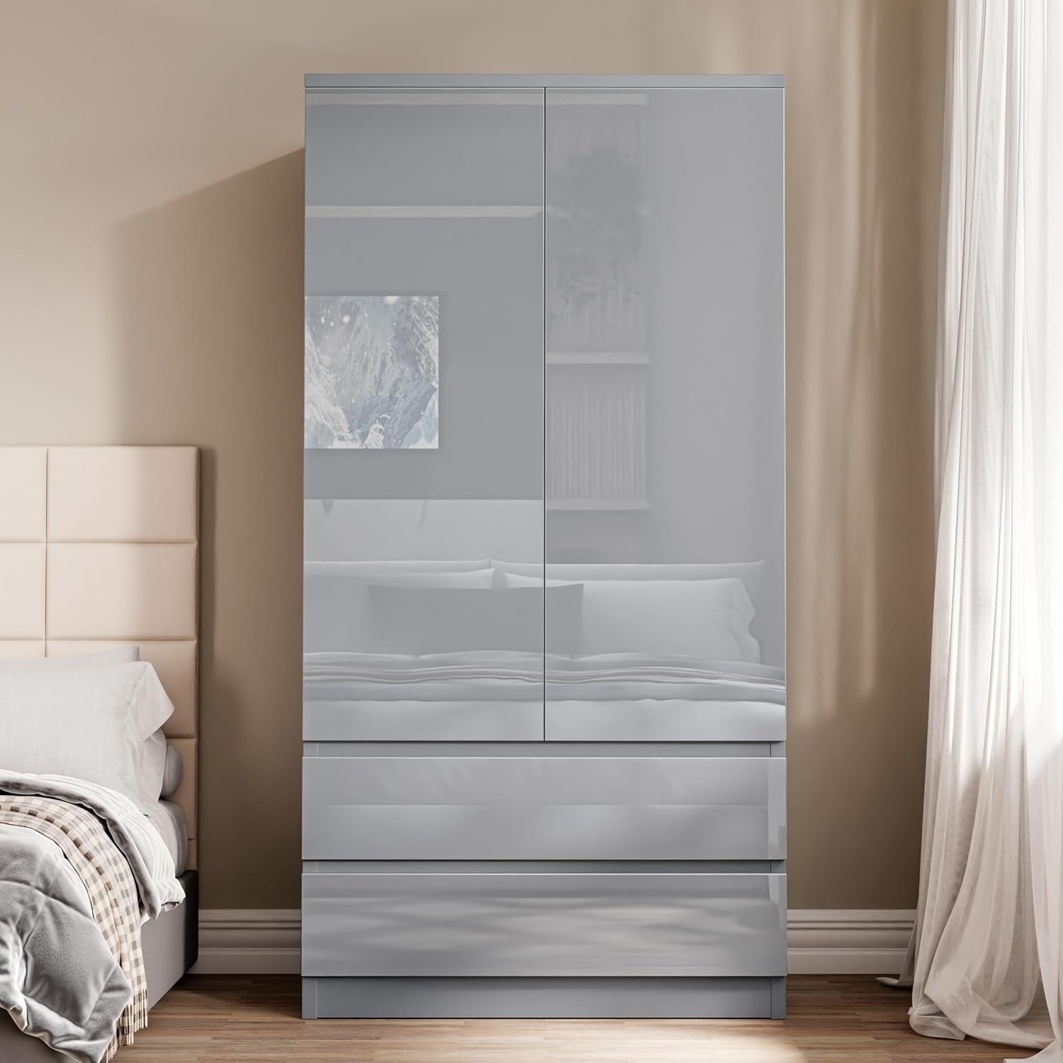 Grey High Gloss Wardrobe 2 Door 2 Drawer Hanging Rail Bedroom Storage