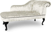 Luxury Left Hand Velvet Chaise Lounge Chair Pearl with Queen Anne Legs.