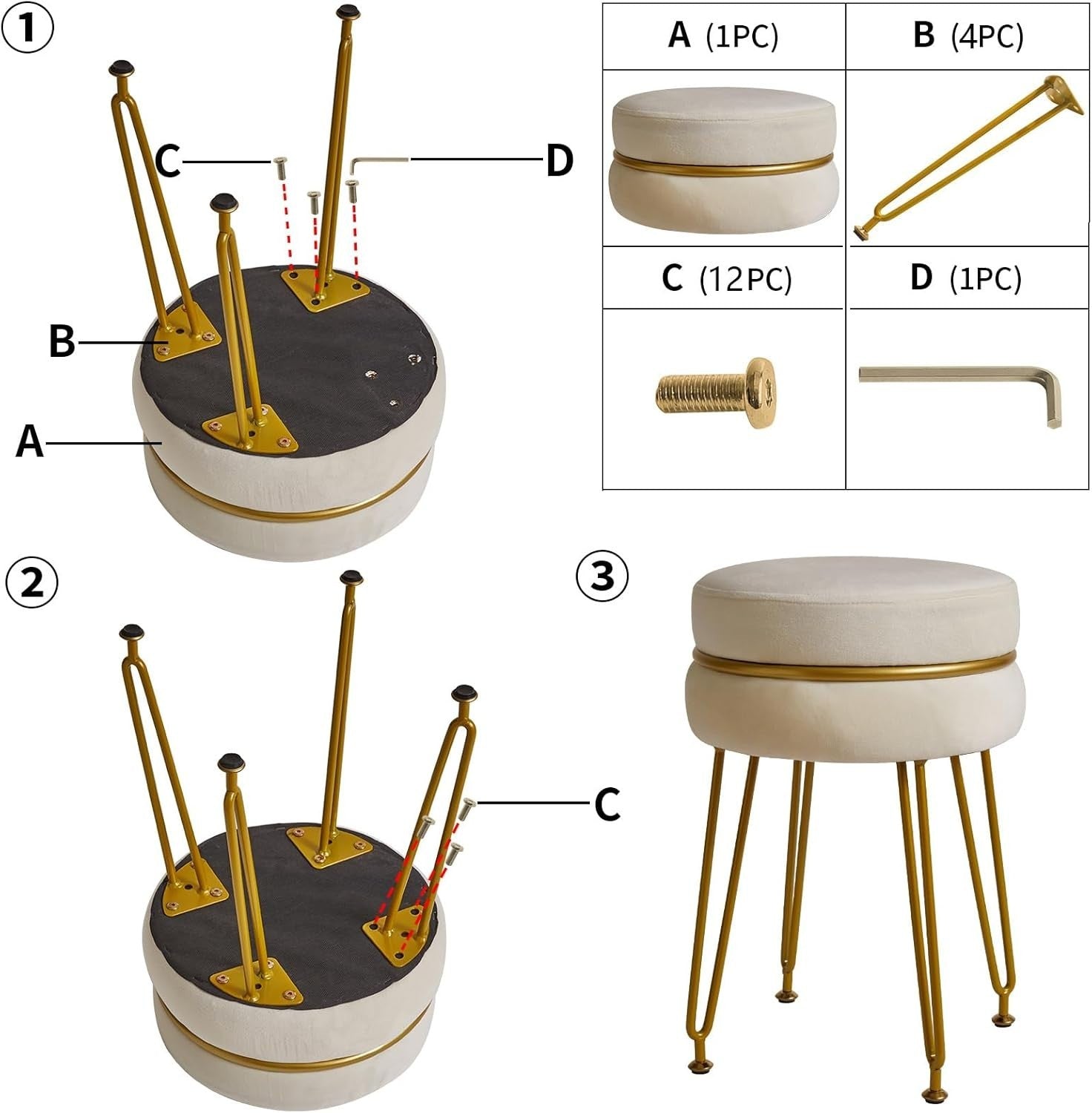 Cream Velvet Round Footstool with Gold Legs – Modern Vanity Stool Seat
