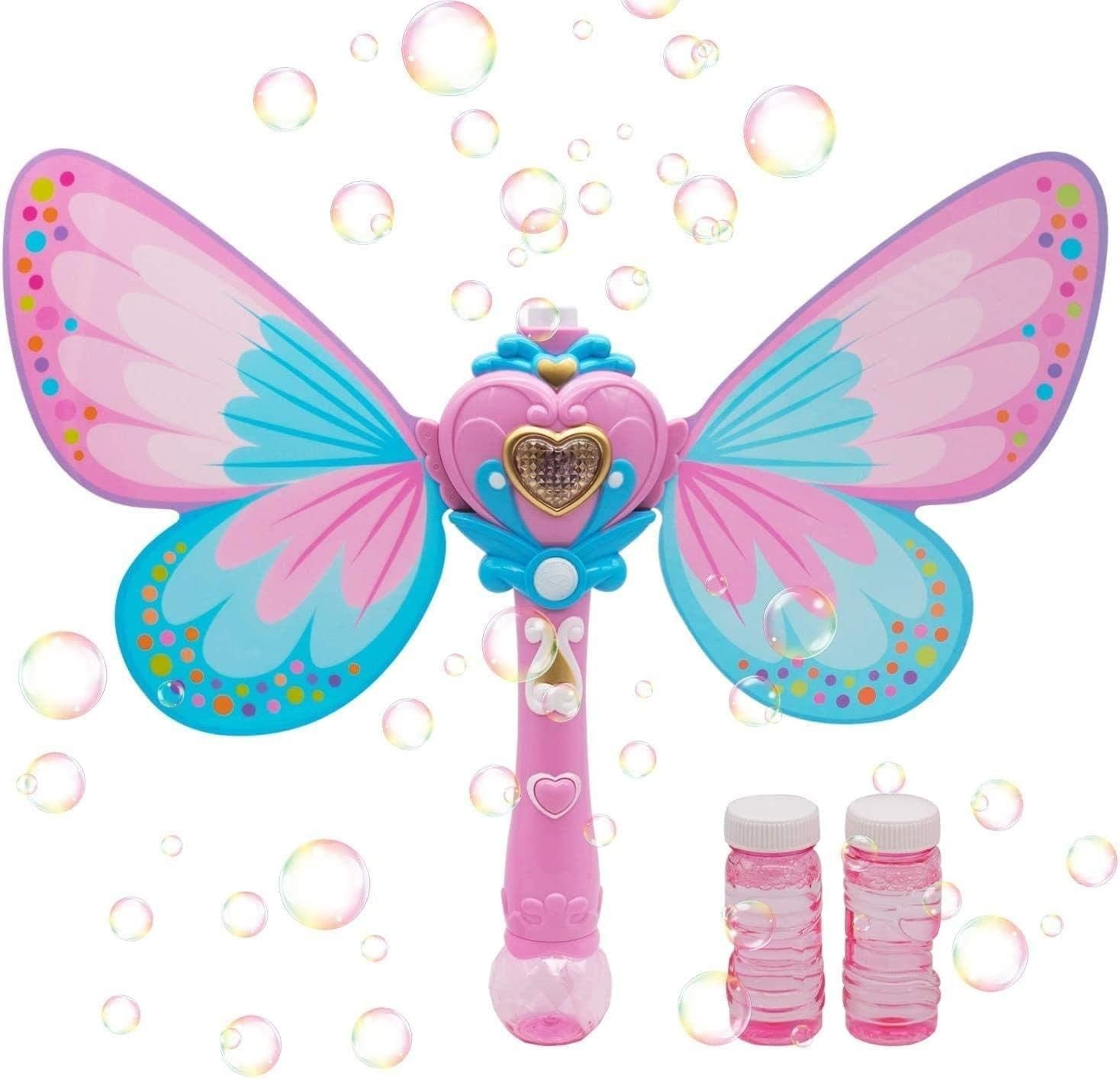 Kids Magic Bubble Wand Butterfly Fairy Light Up Musical Blower Pink
