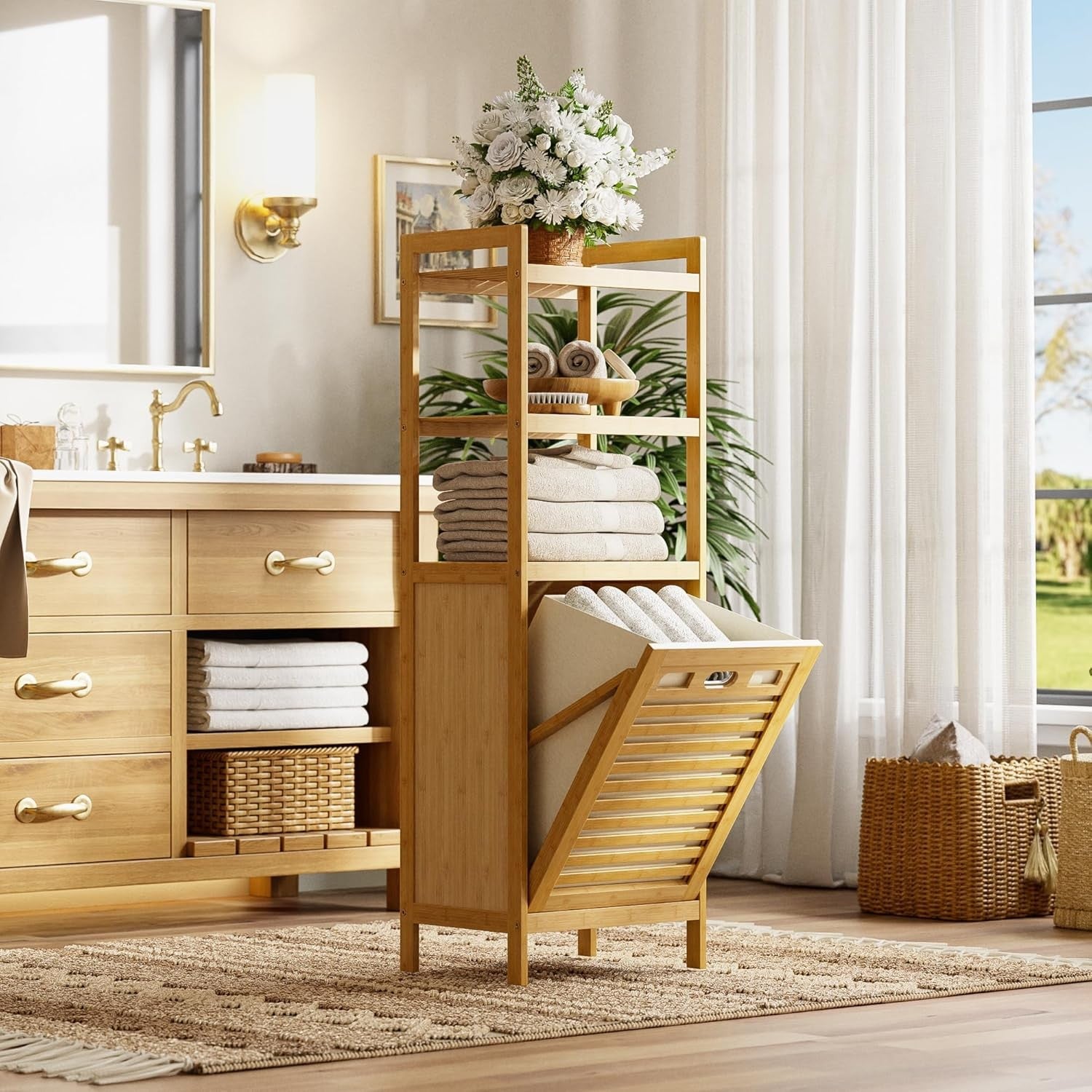 Natural Bamboo Tilt Out Laundry Hamper Cabinet 32L Basket with Shelves