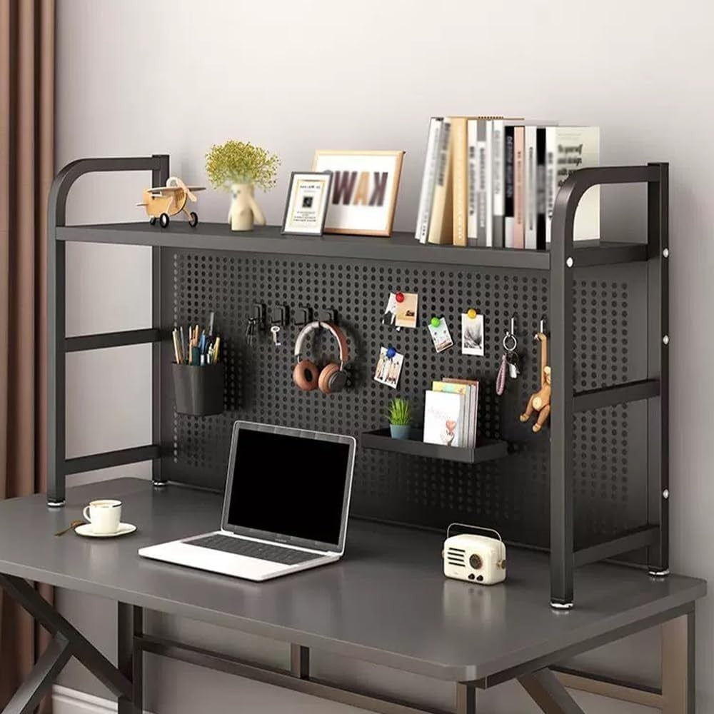 Black 75cm Desk Hutch Bookshelf w/ Pegboard | Metal Countertop Organizer Rack