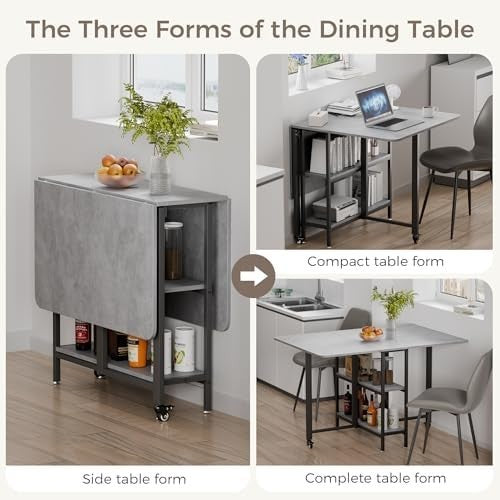 Grey Drop Leaf Folding Dining Table with Storage Shelves 120cm