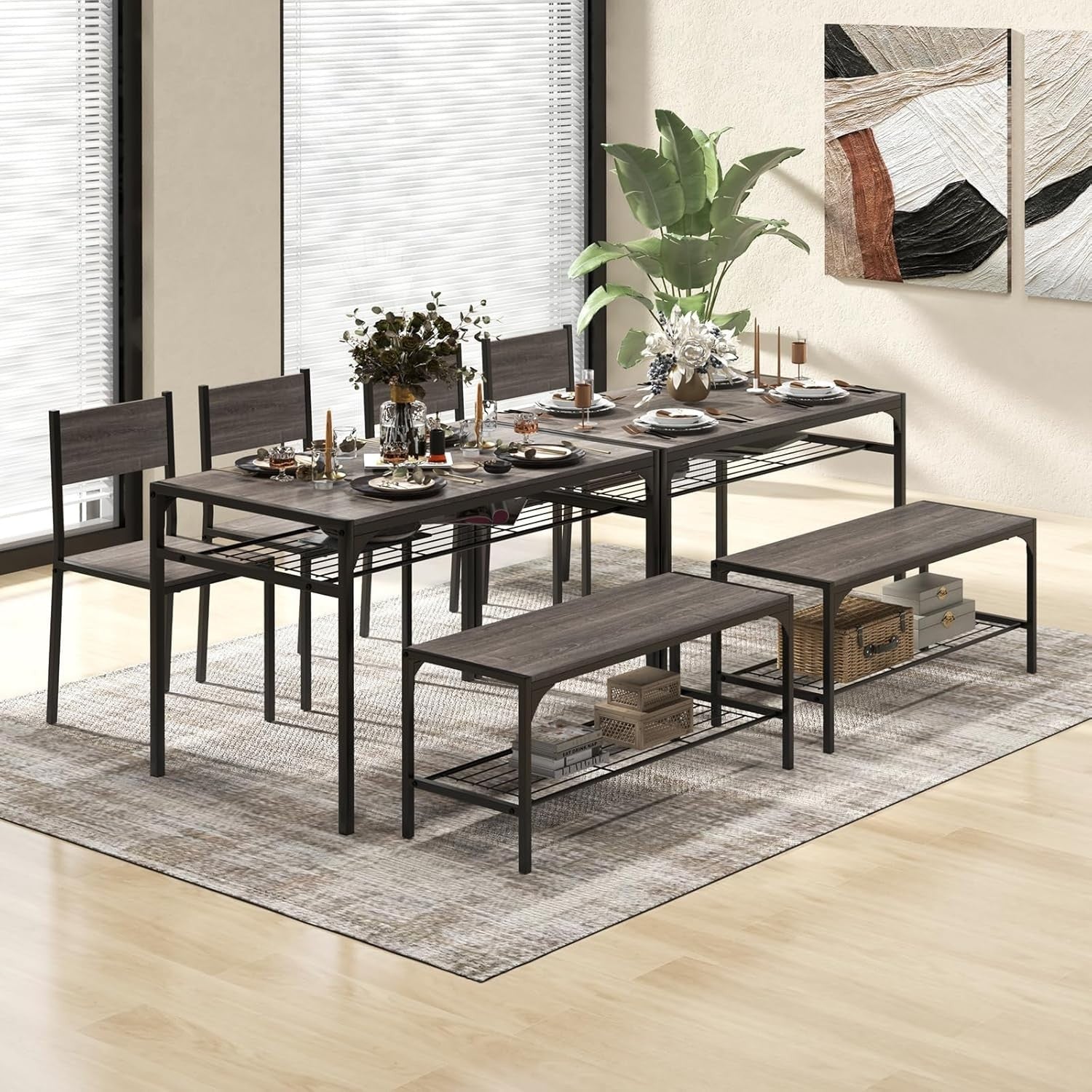 4 Seater Dining Table Bench Set w/ Storage Racks Grey Oak Metal Frame