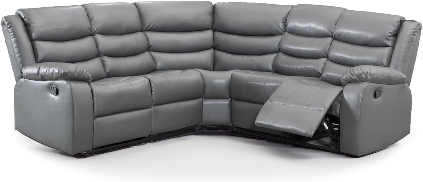 Grey Leather Recliner Corner Sofa 5 Seater L Shape Manual + Drinks Trays