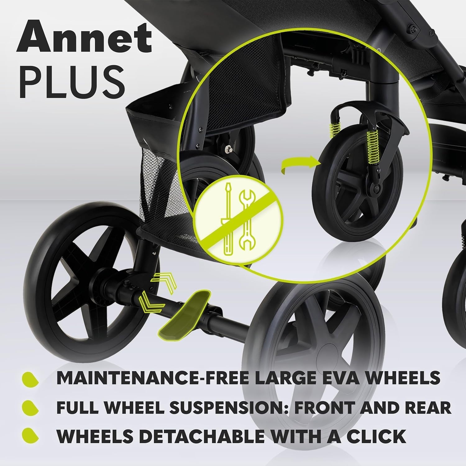All Terrain Pushchair Lie Flat Newborn–4Y 22kg Foldable XXL Hood Black